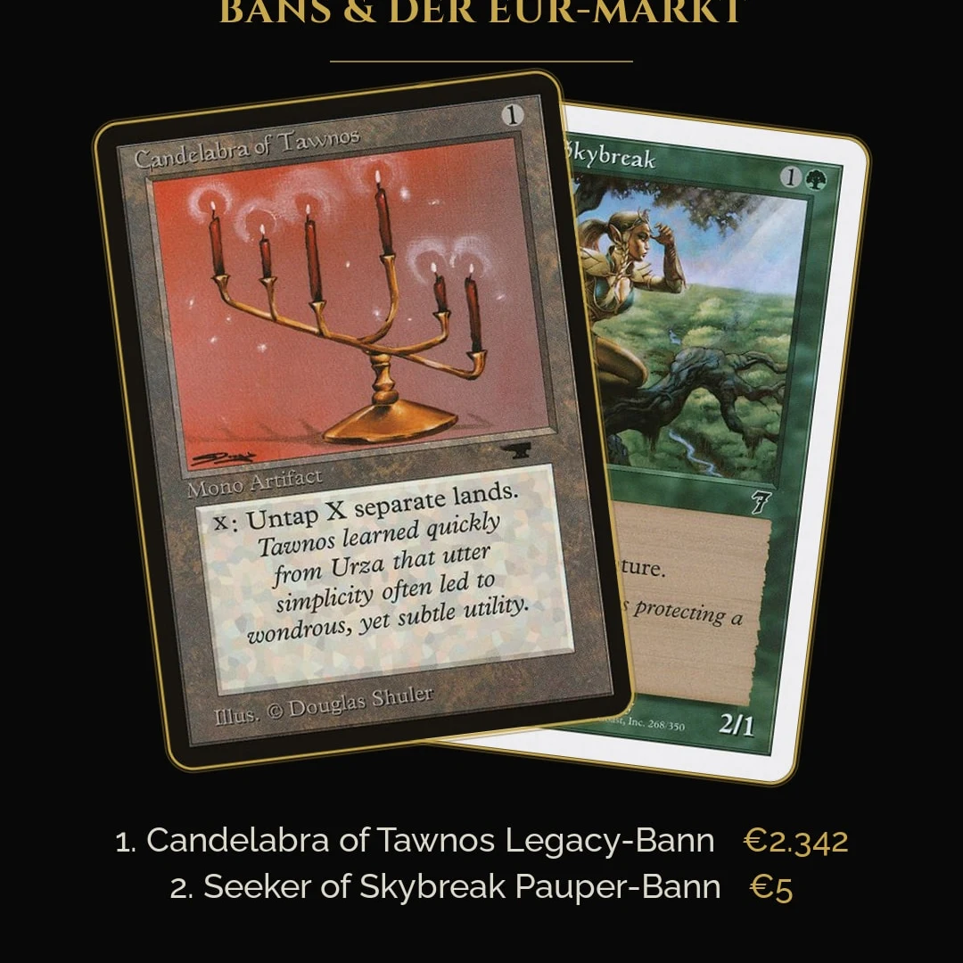 MTG Banned & Restricted 29.06.2026 — Candelabra of Tawnos (Legacy-Bann, €2.342, Reserved List) und Seeker of Skybreak (Pauper-Bann) im „The Vault"-Look