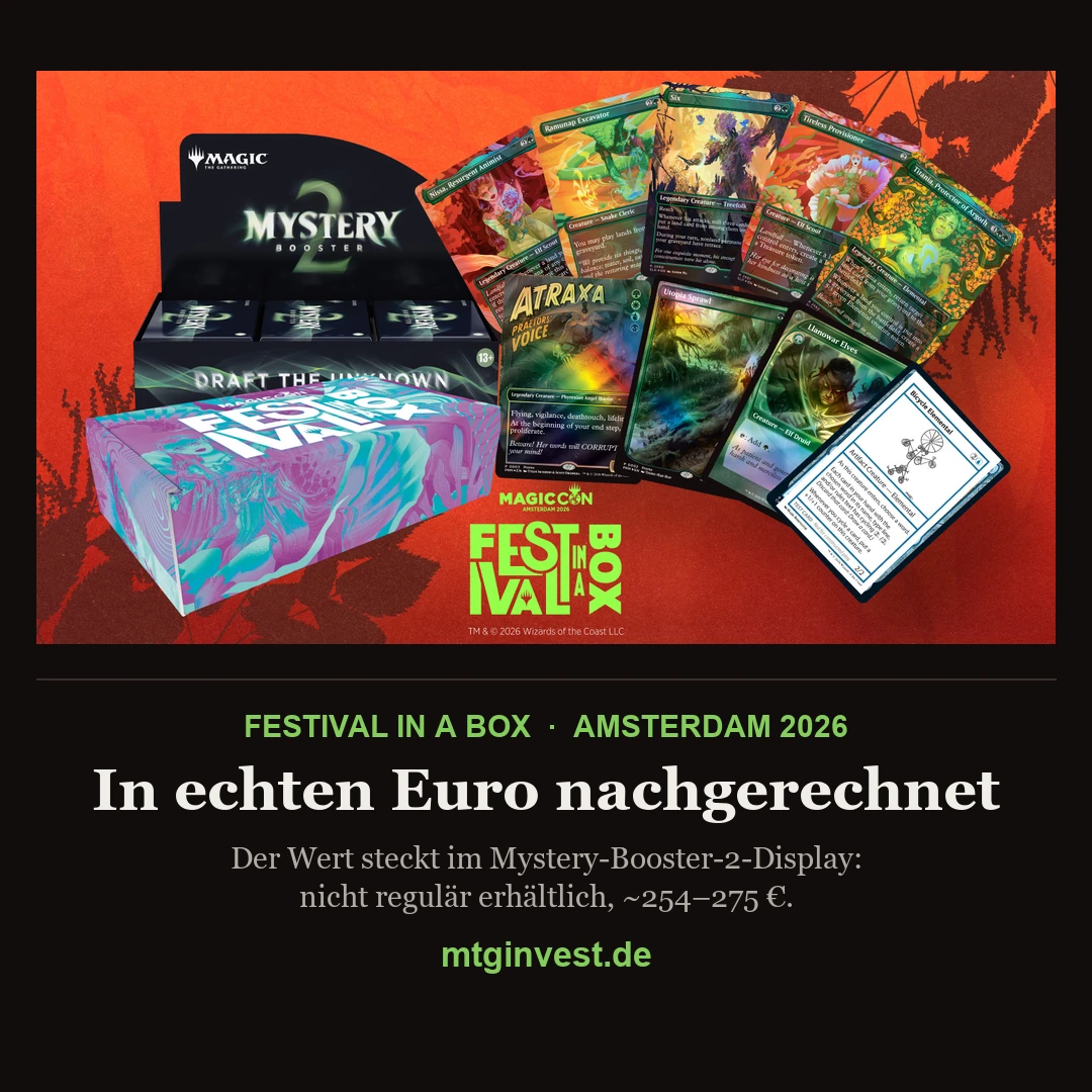 Festival in a Box: Amsterdam 2026 im „The Vault"-Look — Key-Art mit MB2-Display und allen Karten, Untertitel „In echten Euro nachgerechnet"