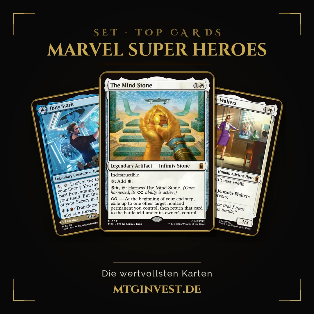 Marvel Super Heroes — die wertvollsten Karten im „The Vault"-Look: The Mind Stone, Iron Man und She-Hulk als Drei-Karten-Fächer