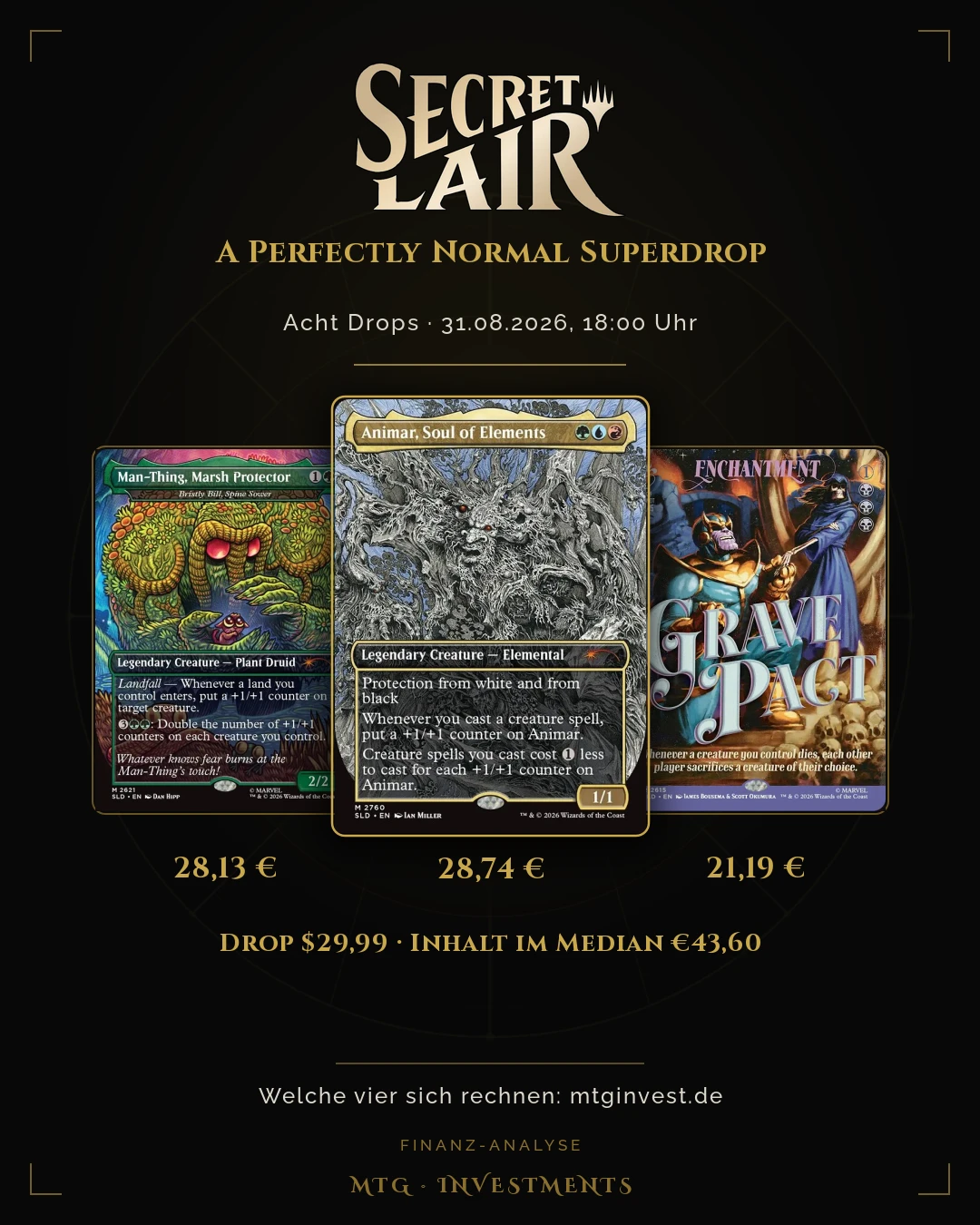 A Perfectly Normal Superdrop im „The Vault"-Look — drei Karten des Superdrops nebeneinander: Man-Thing, Marsh Protector aus dem Dan-Hipp-Drop, in der Mitte Animar, Soul of Elements von Ian Miller und rechts Grave Pact mit Thanos und Death. Darunter ihre Normaldruck-Werte 28,13, 28,74 und 21,19 Euro. Ein Drop kostet 29,99 US-Dollar, der Inhalt eines Secret-Lair-Drops liegt im Median bei 43,60 Euro.
